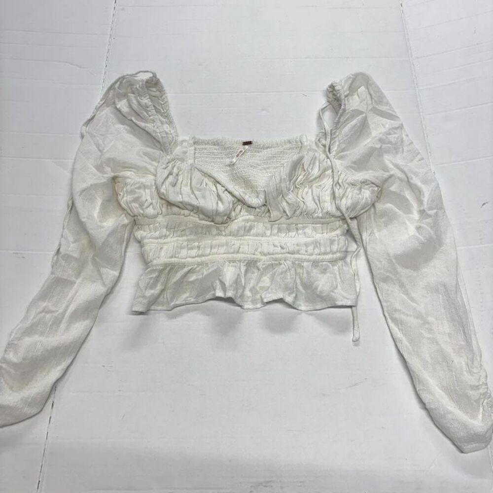 Free People Womens Medium Ivory Smocked Crop Top Puff Sleeve Boho Peasant